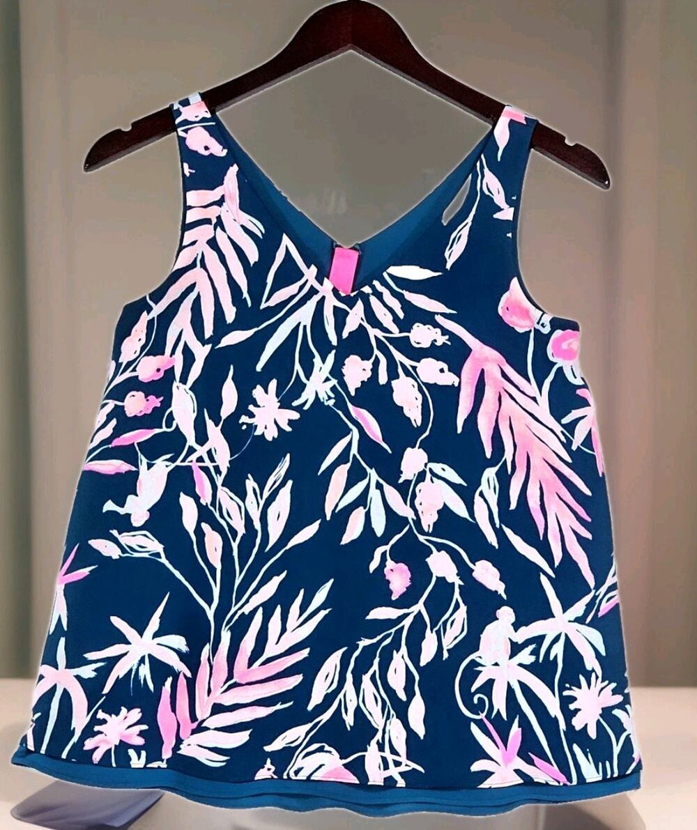 Lilly Pulitzer Women's XXS It's Prime Time Teal Floral Pink Tropical Blouse Tank